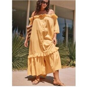 Anthropologie Dress S Yellow Maxi Beachy Ruffle Tiered Off Shoulder Gauze Boho